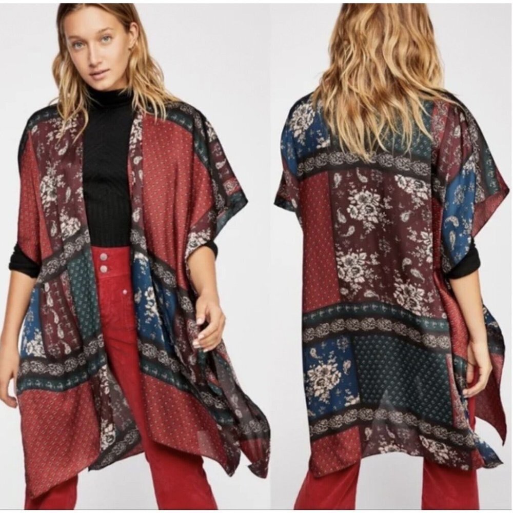 Free People Boho Mon Cheri Silky Patchwork Kimono One Size